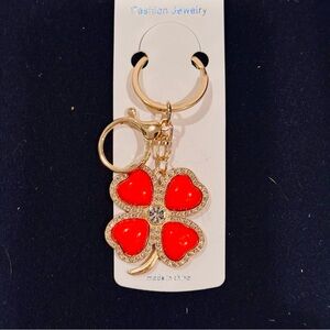 🍀 Lucky Four Leaf Clover Rhinestone Bag Charm / Keychain Red